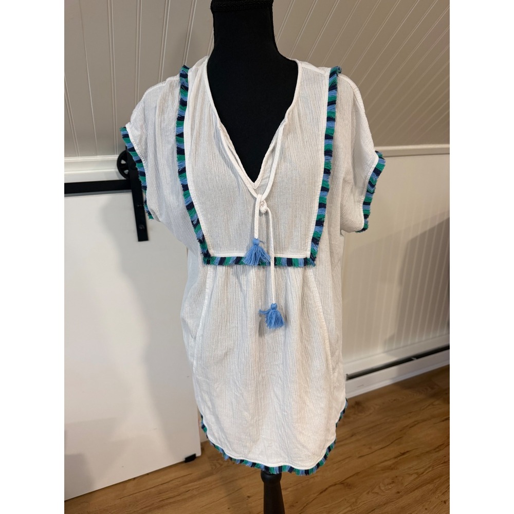 J. Crew Womens Small White Gauze Tassel Trim V-Neck Tunic Top Swim Coverup S